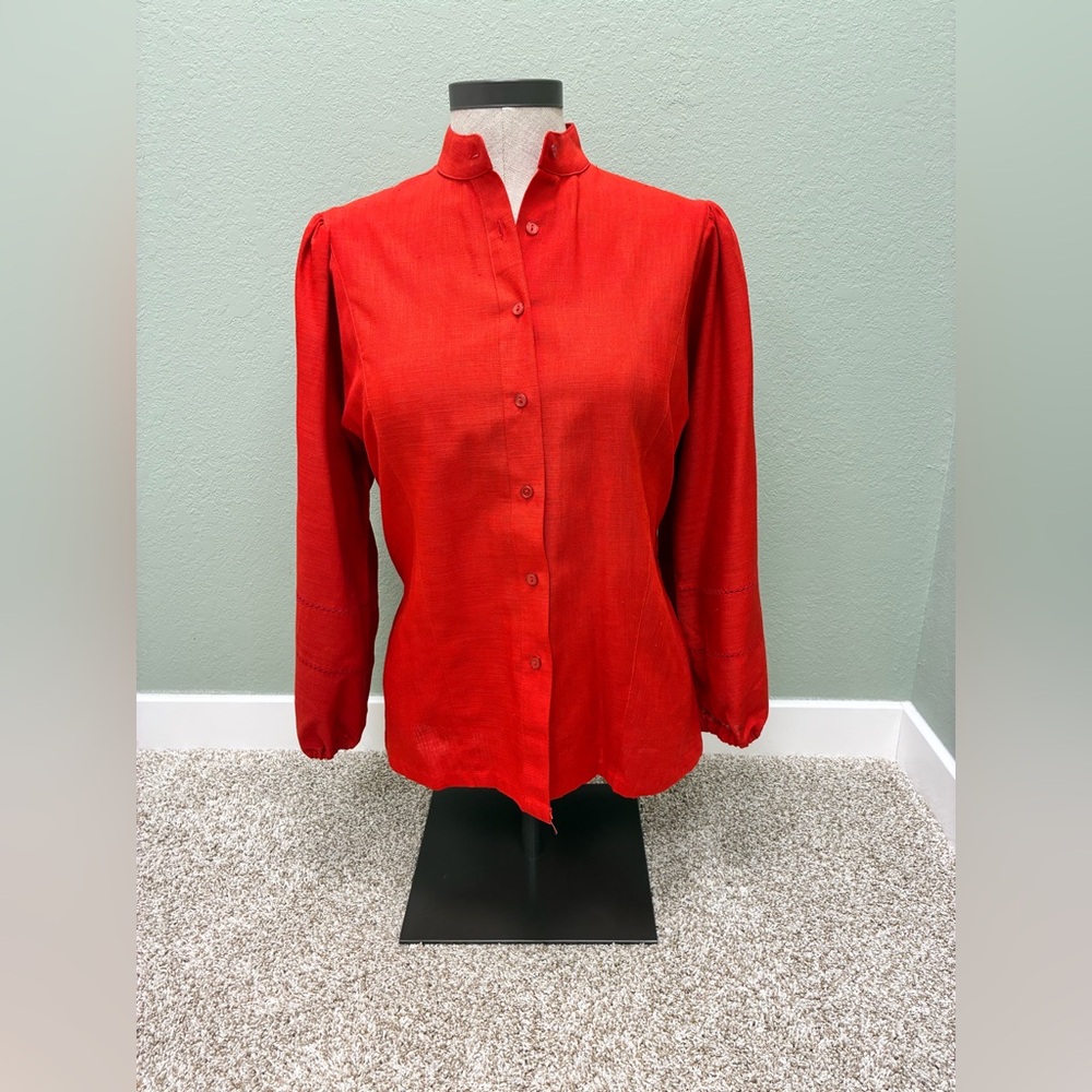 Vintage Wallmann Red long puff sleeve Button‎ Down Shirt for Women